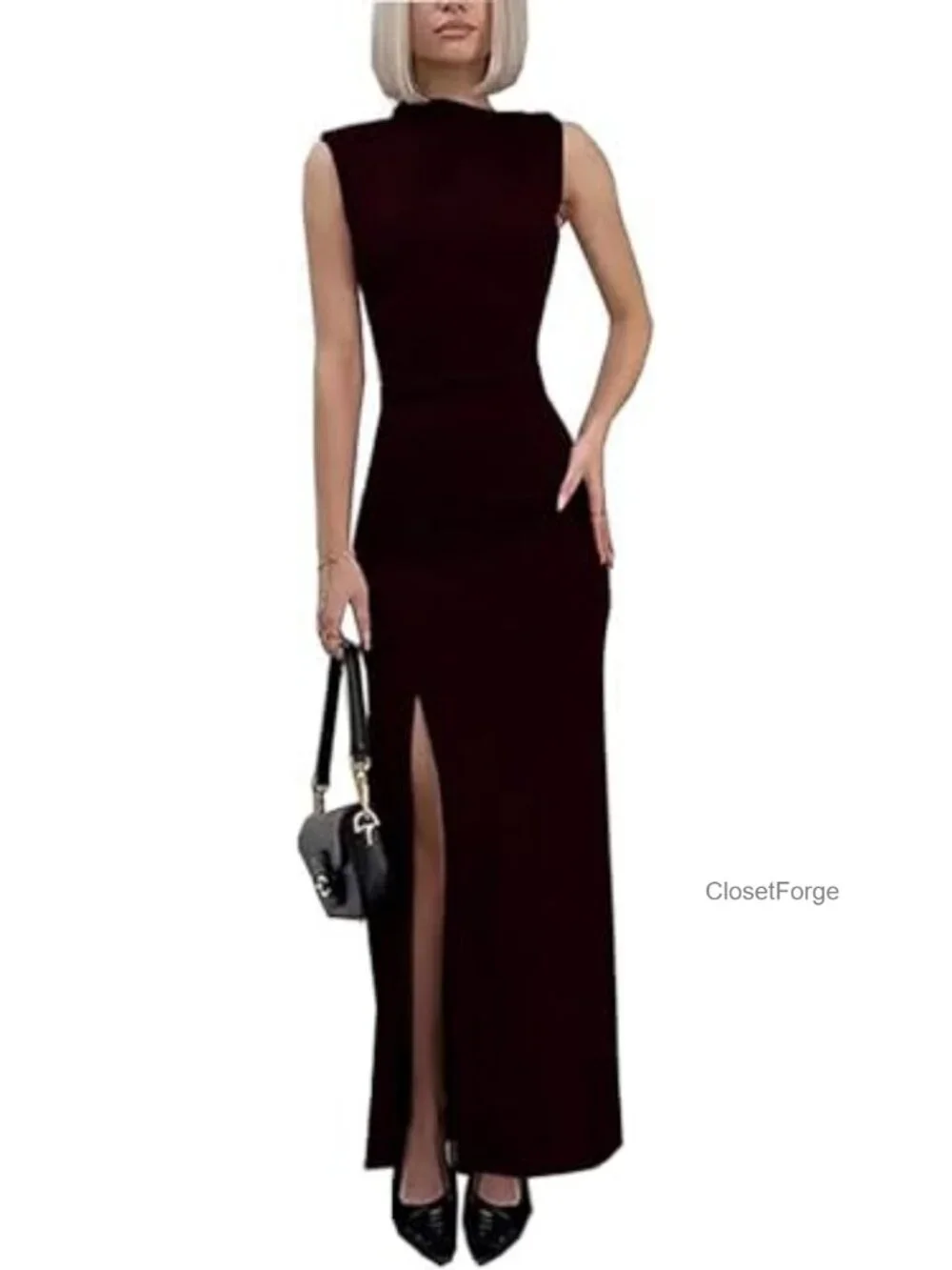 Women's Mock Neck Ruched Bodycon Maxi Dress Side Slit Sleeveless Formal Evening